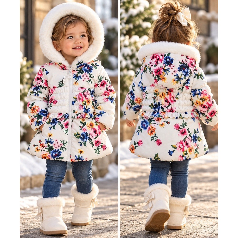 NWT Rothschild Girls 18M Floral Puffer Coat Faux Fur Hood Fleece Lined Winter